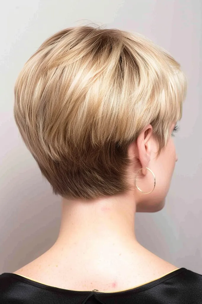 Korte gelaagde blonde bob met taps toelopende halslijn en highlights' title=