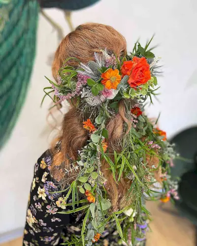 Long Textured Wavy Half-Up with Hawaiian Flowers and Leaves