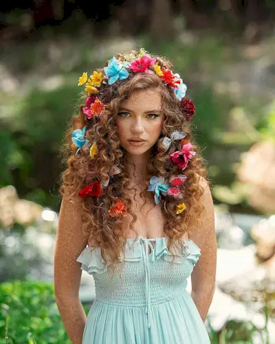Hawaiian-Style Long Layered Curls with Colorful Flowers