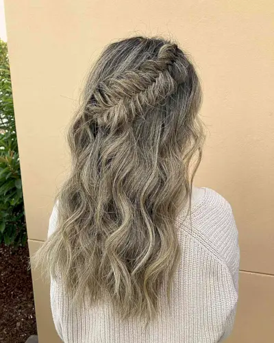 Long Wavy Half Updo with Hawaiian Fishtail Side Braid