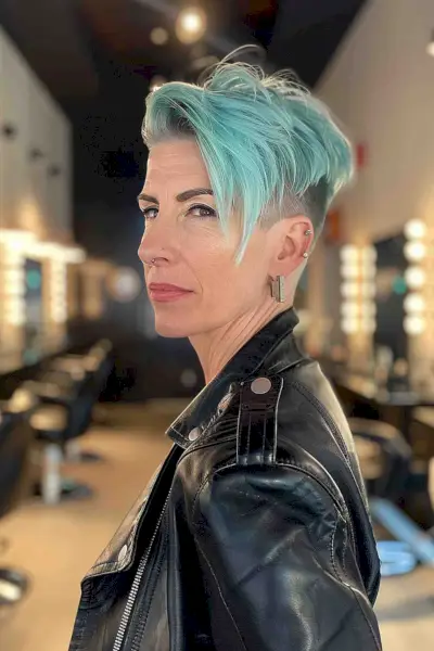 Woman with Aqua Blue Asymmetrical Undercut Hairstyle