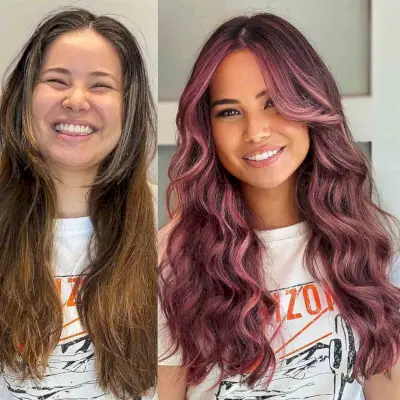 Pink Champagne Highlights for Long Dark Hair