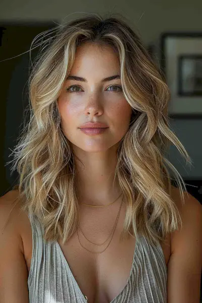 Heart-Shaped Face Woman with Balayage Beach Waves