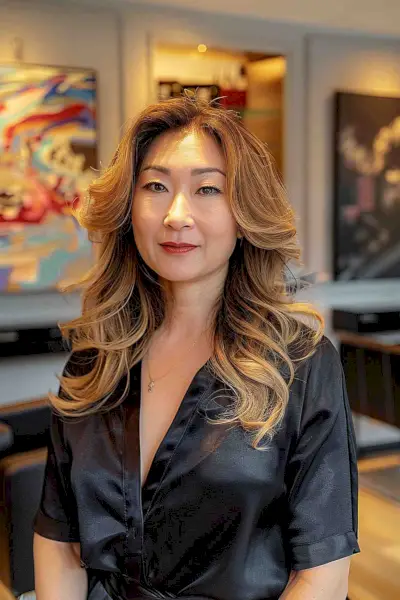 Elegant Woman with Long Layered Waves and Highlights