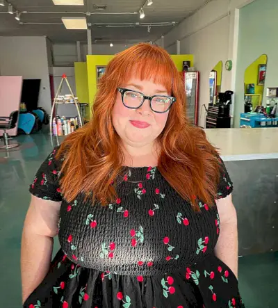 Long Copper Layers for ladies with double chins and glasses