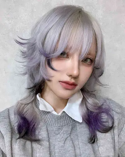 Silver-Purple Ombre Hair with Jellyfish Octopus Layers and Bangs for Medium Hair
