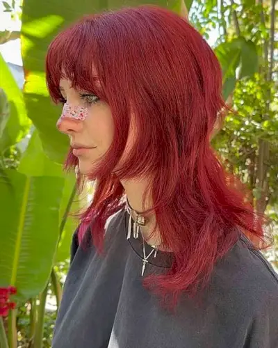 Cherry Red Color on Face-Framing Textured Shaggy Jellyfish Cut