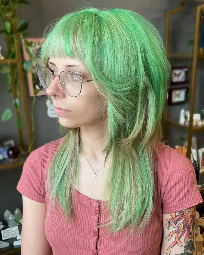 Mid-Length Straight Jellyfish Shag with Blunt Bangs and Bold Green Color