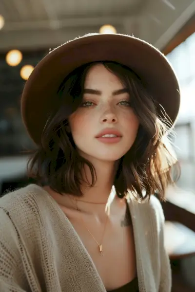 Textured long bob with a modern felt hat for a stylish cowgirl