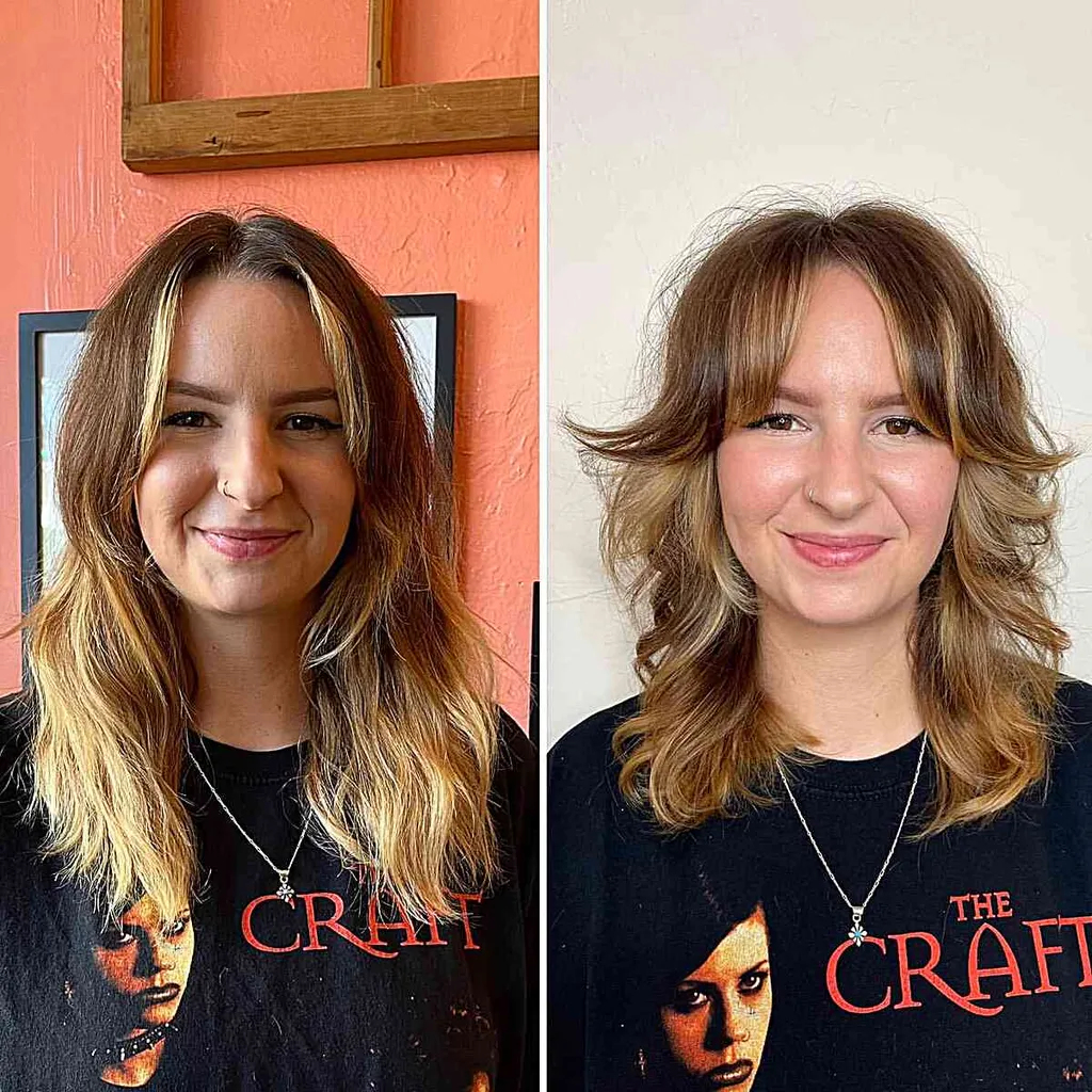 フェザー付き前髪とレイヤーを備えたディスコ ミディアム カット' title=