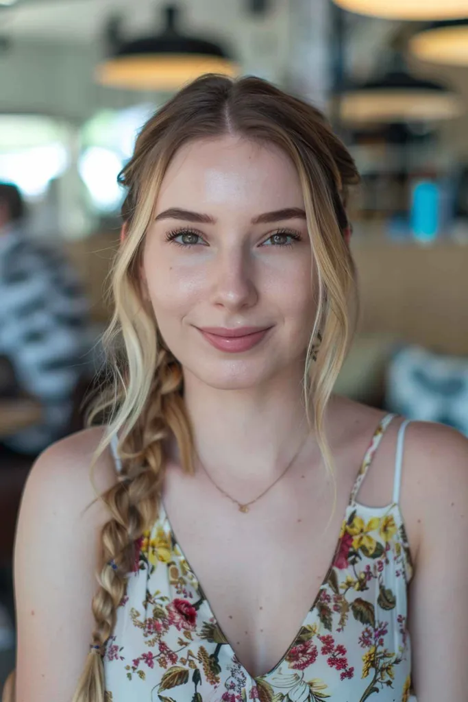 サイド三つ編みとゆるいウェーブを持つ女性の簡単で魅力的な夏のヘアスタイル' title=