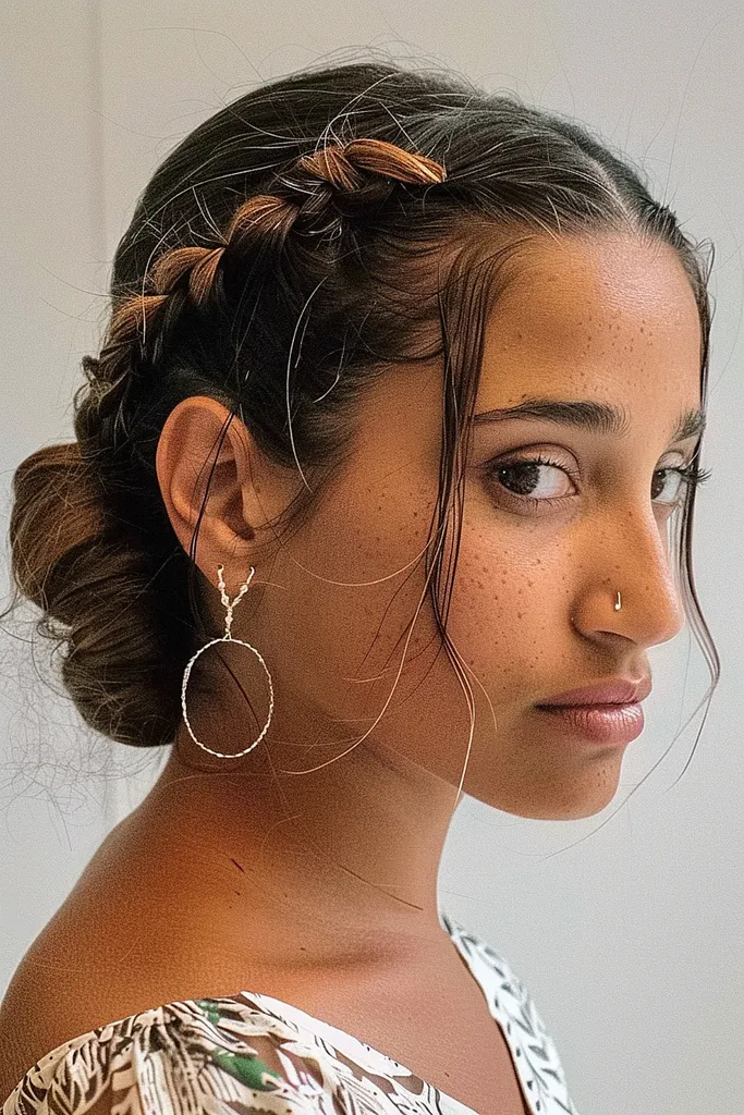 夏向けの柔らかい巻きひげの編み込みアップヘア' title=