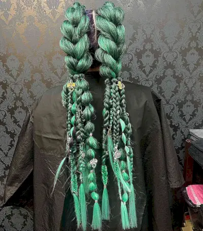 Very Long Festival Green Braids with Embellishments