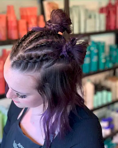 Festival Purple Long Bob with V-Shaped Braids and Buns