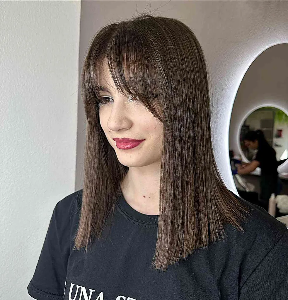 תספורת מבריקה מאובקת באורך בינוני עם פוני וילון' title=