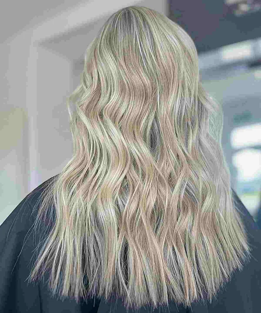 גלי חוף בלונדיני באורך בינוני וקצוות מאובקים' title=