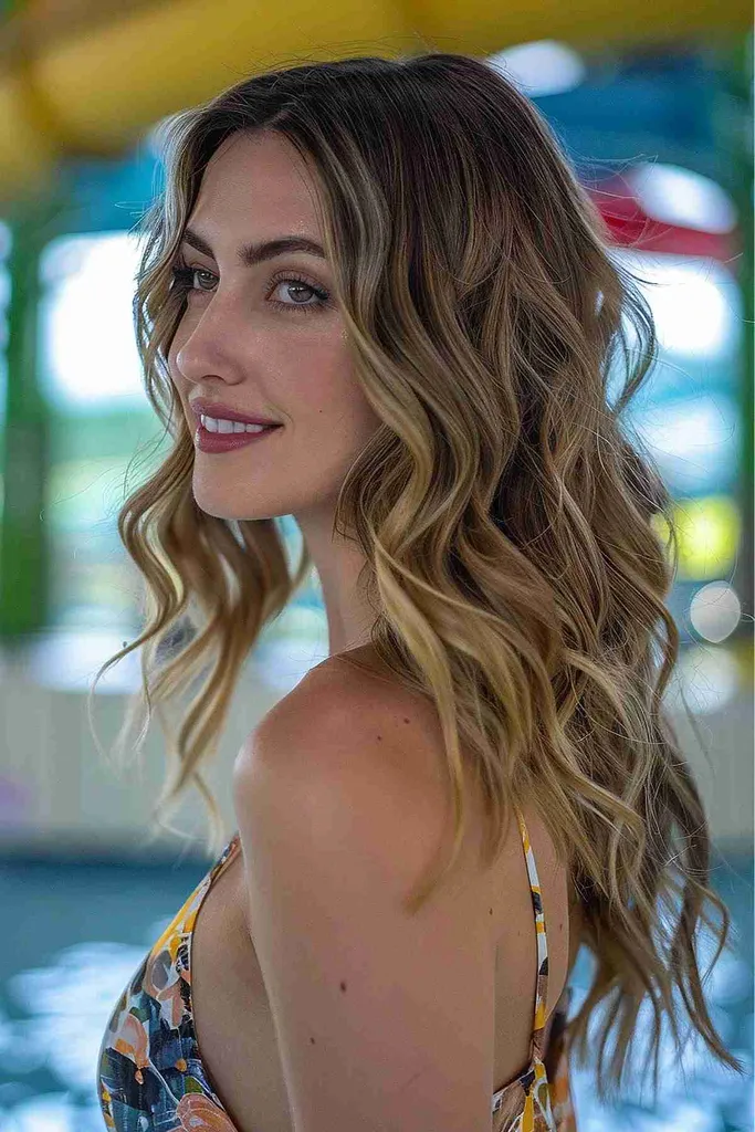 Moters vaizdas iš šono su vasarai paruoštomis palaidomis bangomis, idealiai tinka vidutiniams ir ilgiems plaukams ir puikiai tinka atsipalaiduoti paplūdimio nuotaikai vandens parke' title=