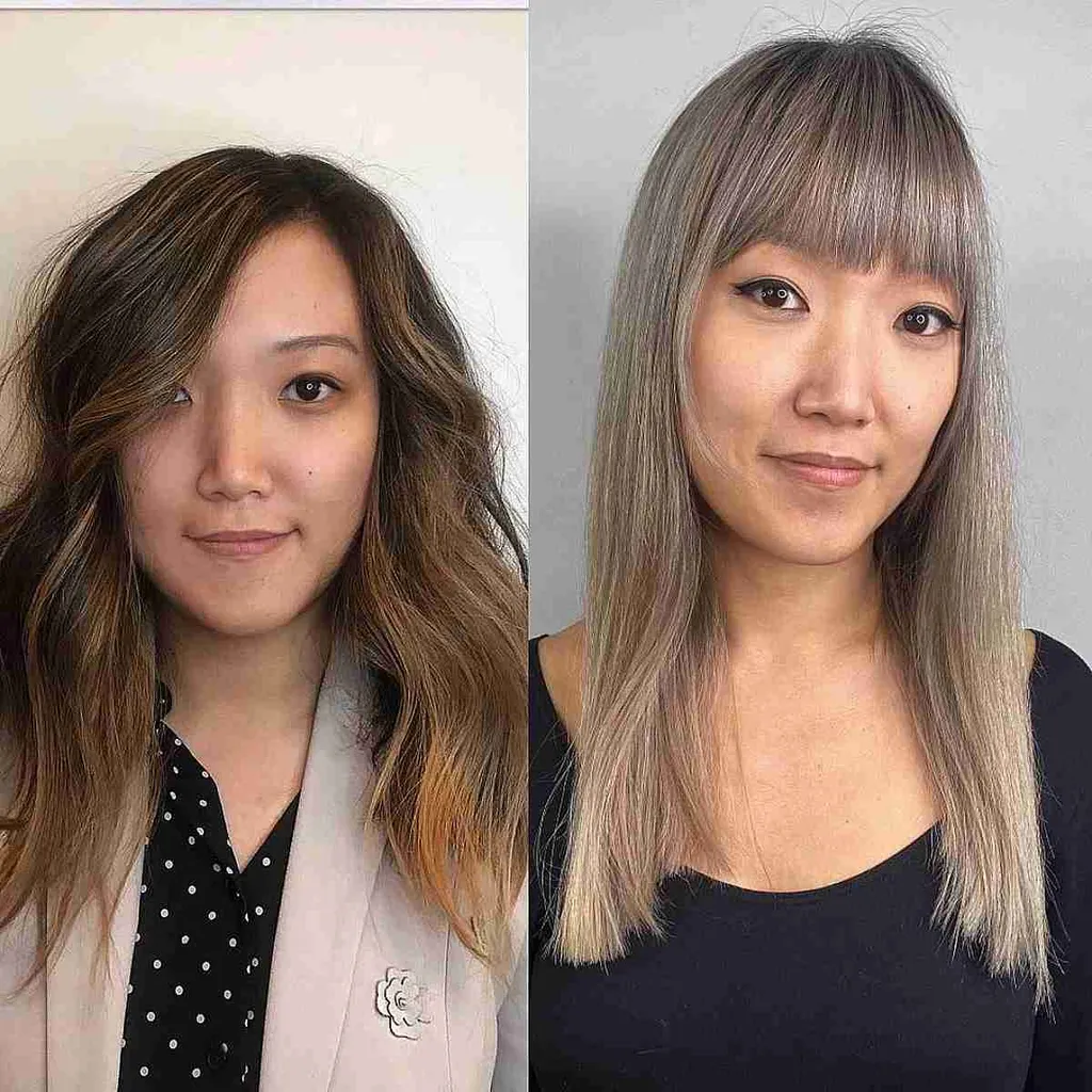 Ravni zadimljeno blond lasje s frufrujem za dolg obraz' title=