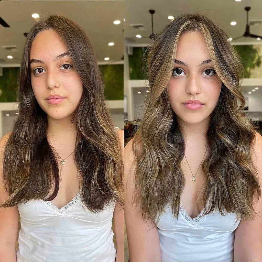 Valoviti posončeni lasje s srednjim delom za dolg obraz' title=