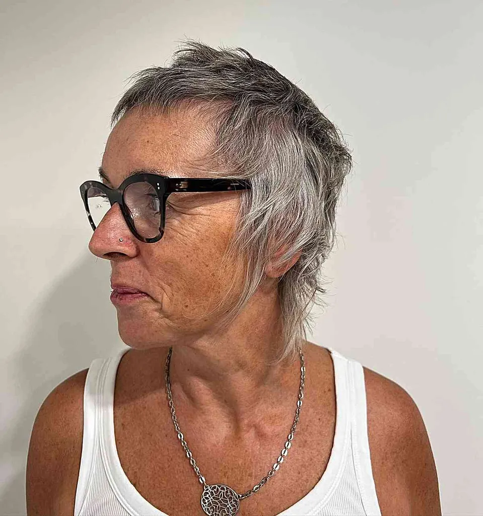 Super Short Pixie Shag über ältere Frauen im Alter von 60 Jahren mit Brille' title=