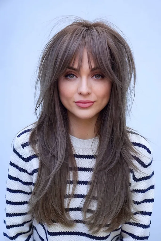 Lang shag-kapsel uit de jaren 80 met lagen en pony die het gezicht omlijsten' title=