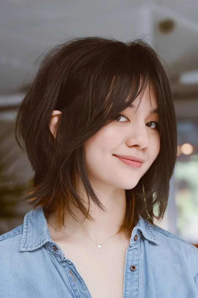 Kort shag-kapsel op steil haar met schokkerige laagjes' title=