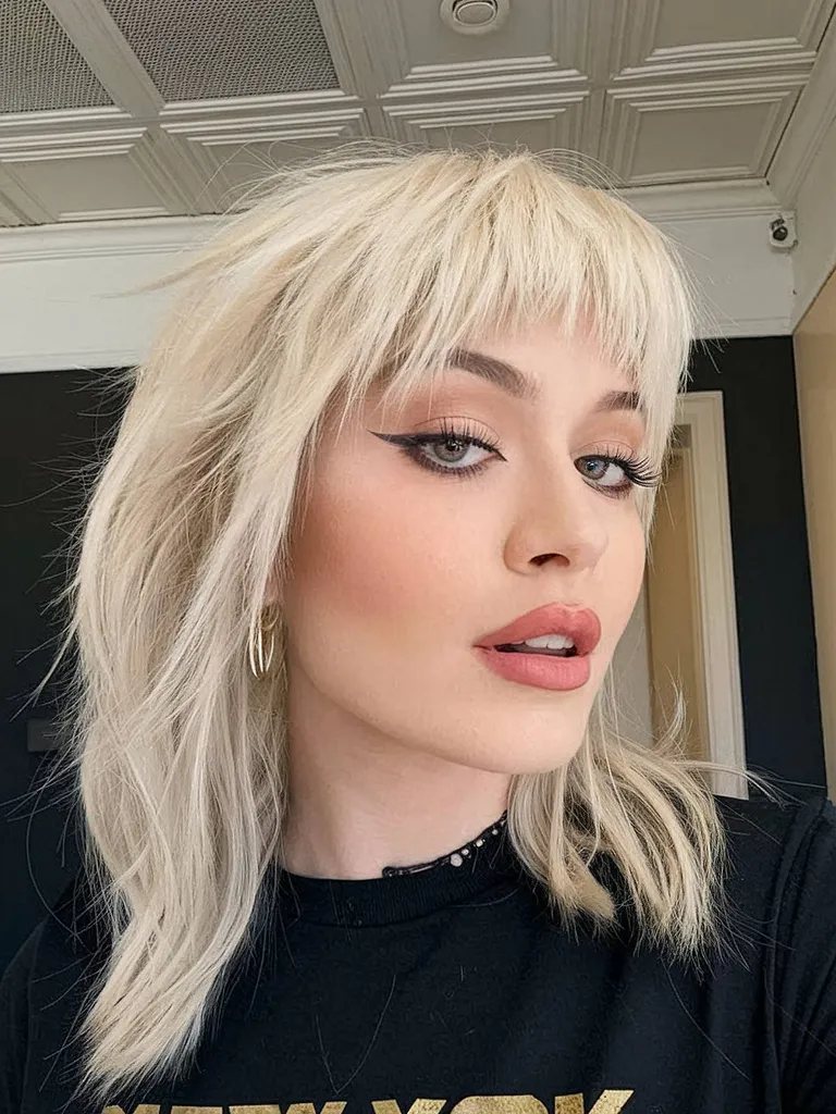 Vreemd shag-kapsel met pony op steil haar' title=