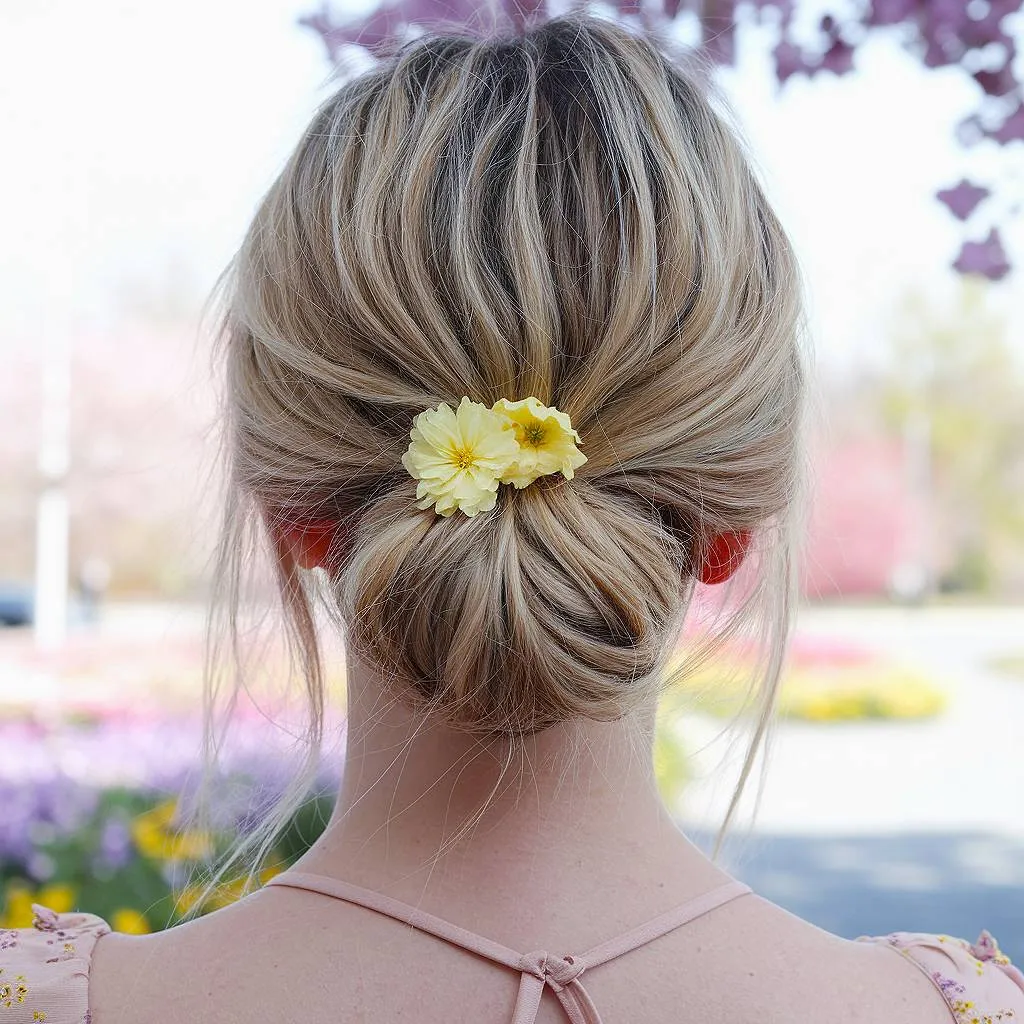 Chignon bas en désordre avec accessoire de fleur jaune chignon de printemps simple' title=
