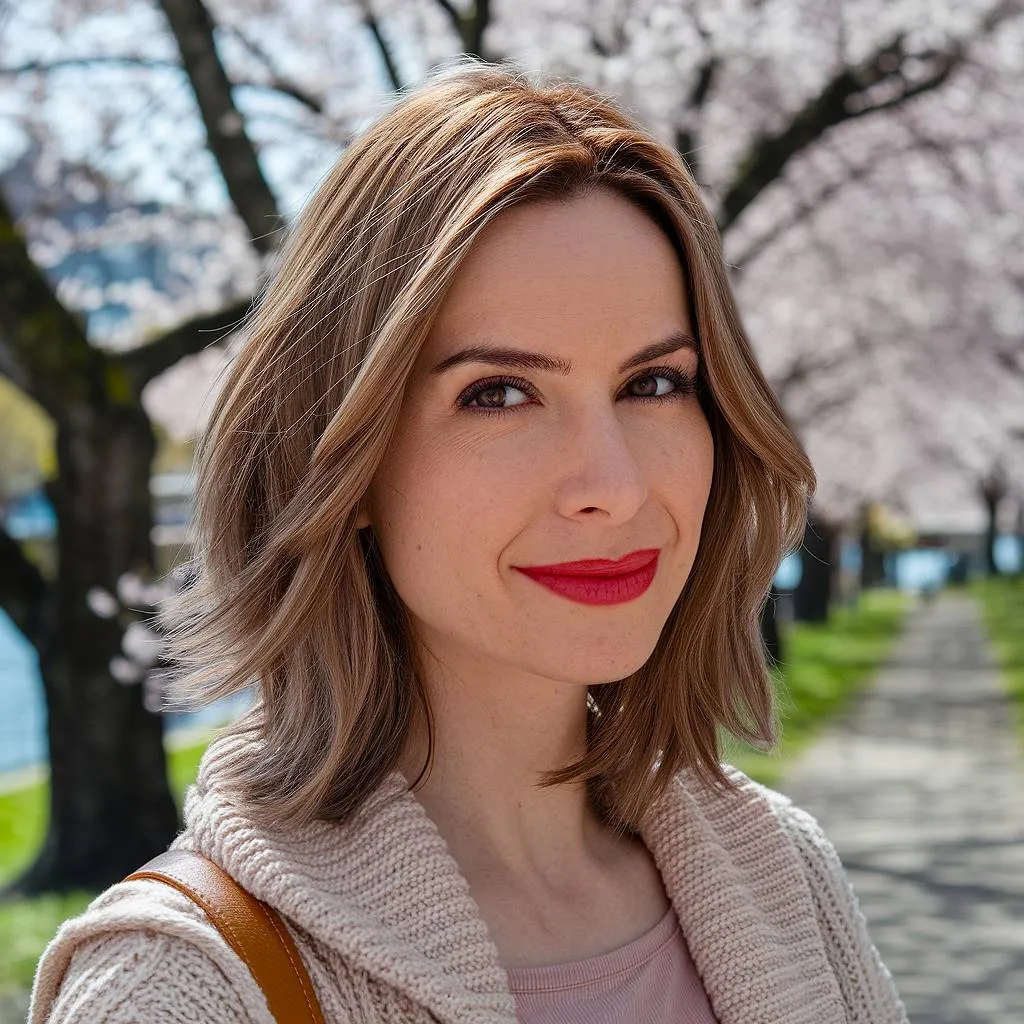 Lob superposé jusqu'aux épaules avec des vagues douces et une coupe printanière chic à balayage blond chaud' title=