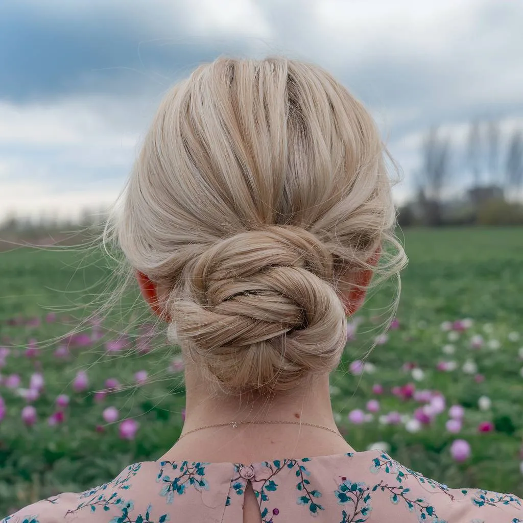 Chignon bas torsadé sur cheveux blonds, coiffure printanière romantique pour événements en plein air' title=