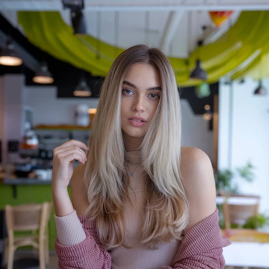 De longs cheveux blonds élégants avec des couches douces et une frange en rideau, tendance capillaire printanière' title=