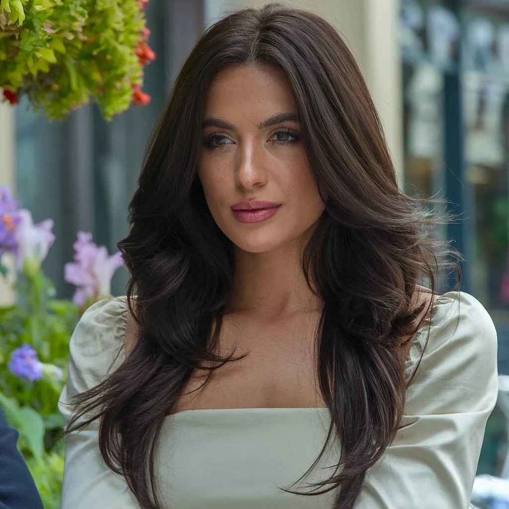 Longs cheveux bruns foncés avec des couches douces encadrant le visage, coiffure printanière tendance' title=