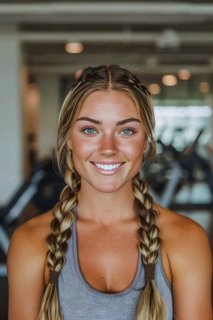 Pričeska z dvojno kitko za dolge lase, popolna za vadbo v telovadnici' title=