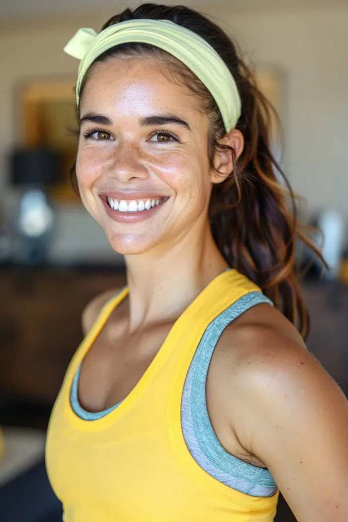 Prikupen čop s frufrujem in pričesko z naglavnim trakom, kot nalašč za vadbo' title=