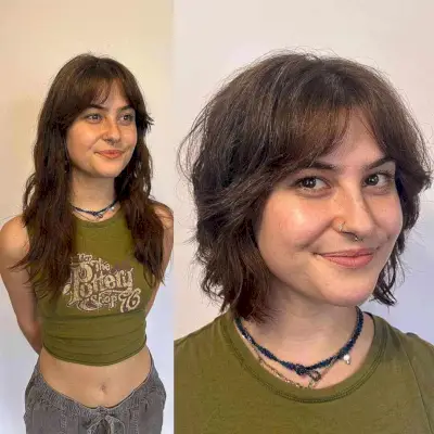 Short textured bob haircut with curtain bangs and soft layers for inclusion