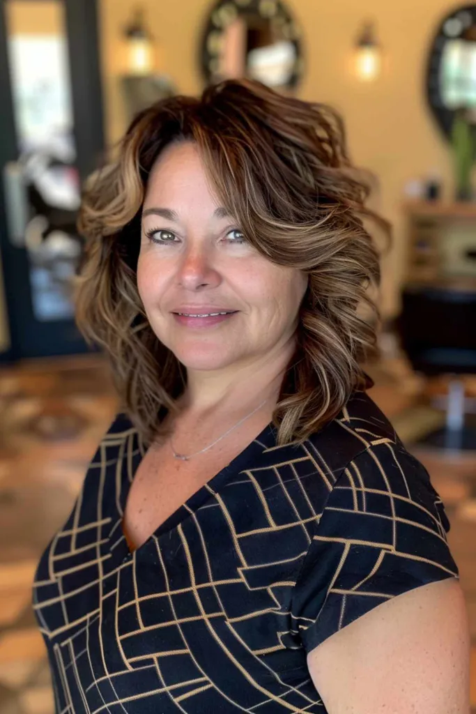 תסרוקת באורך כתפיים עם גלים רכים לאמהות' title=