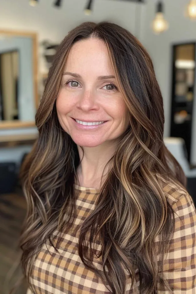 תסרוקת גלים ארוכים ללא מאמץ לאמהות עם הדגשות בלאג' טבעיות' title=