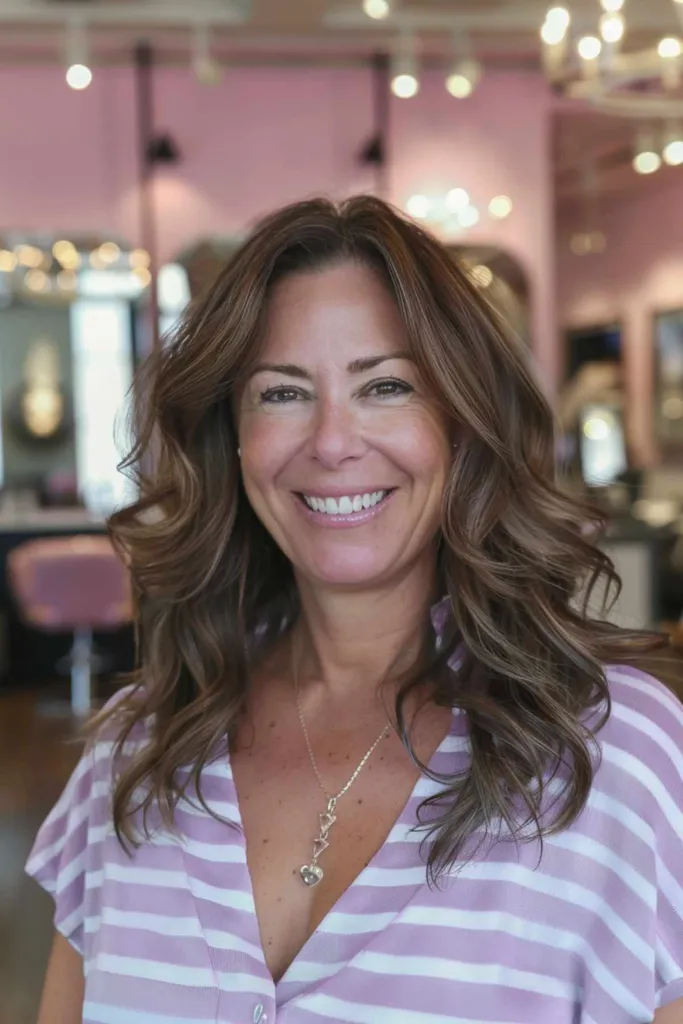 אישה עם תספורת גלית גלית באורך בינוני לשיער עבה' title=