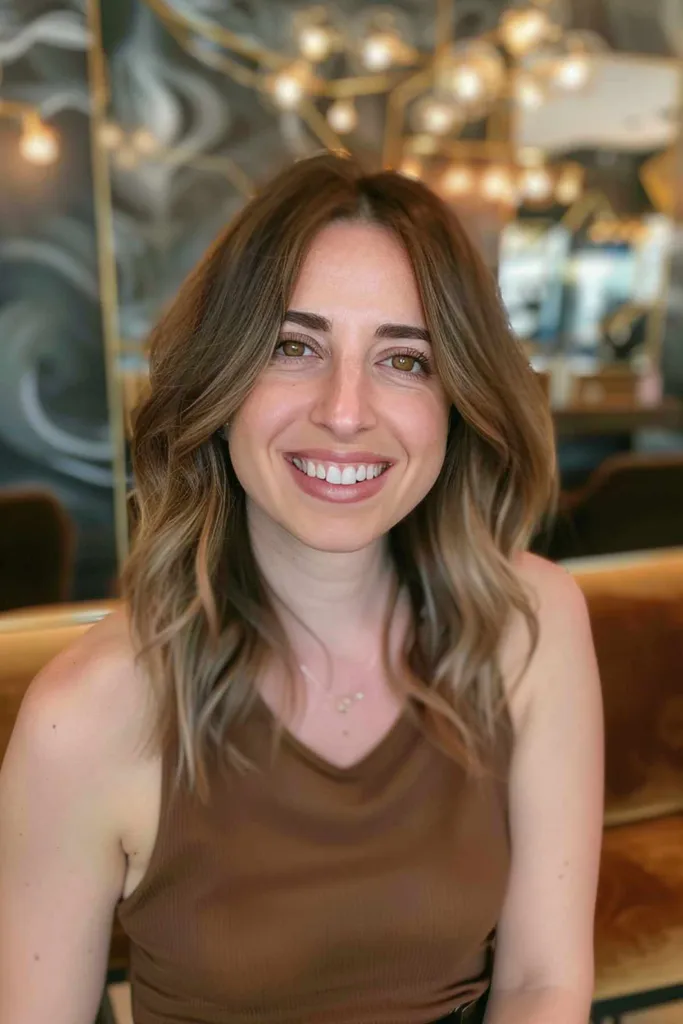 אישה עם גלים רכים עד הכתפיים והדגשות בלאג' המתאימות לצורות פנים עגולות' title=