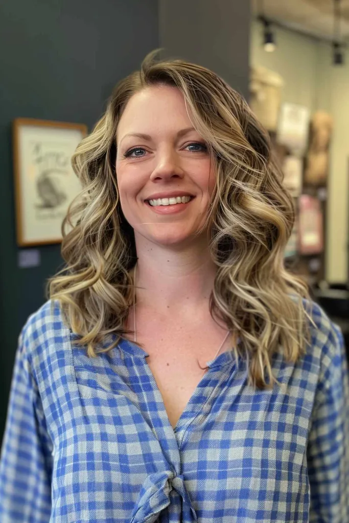 תסרוקת גלים רופפים לאמהות עם פנים סגלגלות' title=