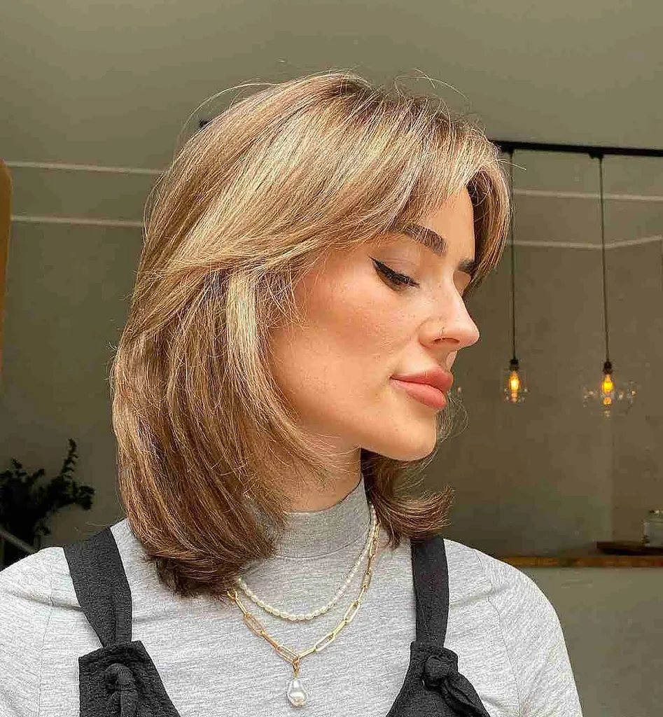 Zlatohnědé vlasy Rachel s vrstvami po ramena' title=