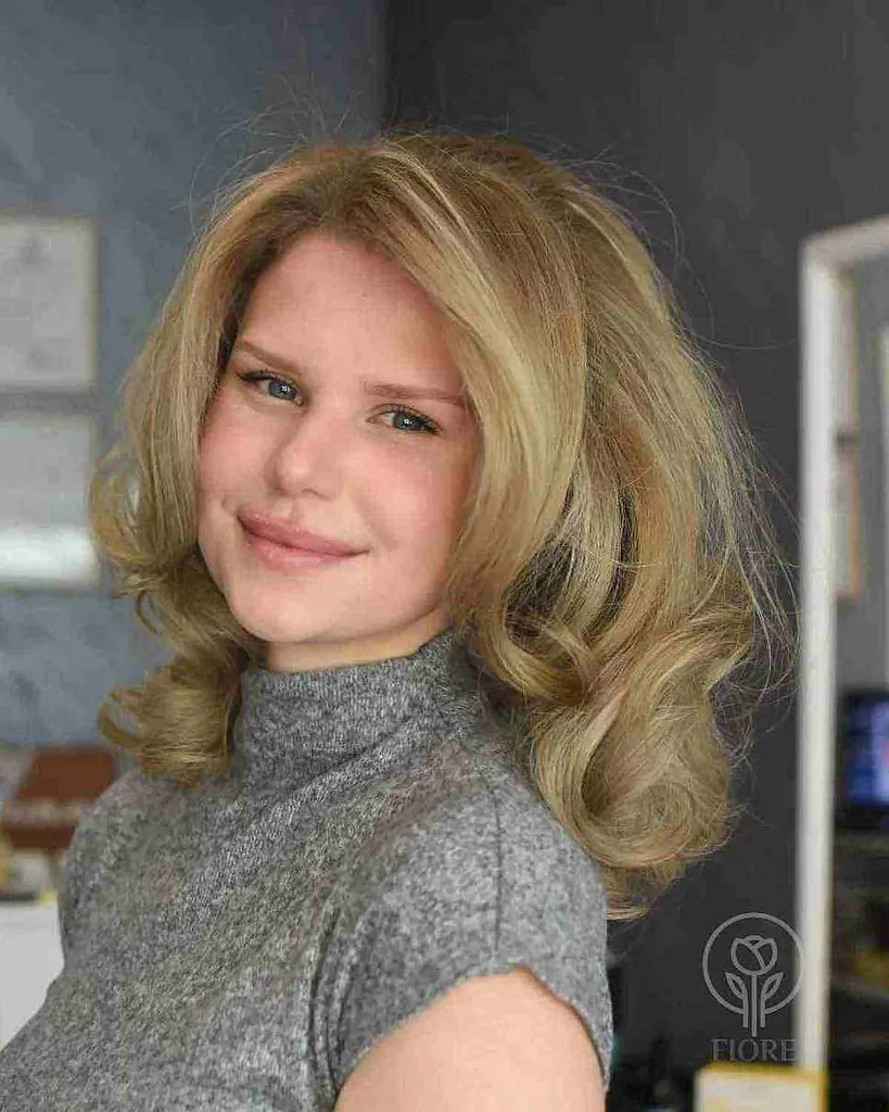 Objemný moderní střih Rachel pro středně dlouhé vlasy' title=