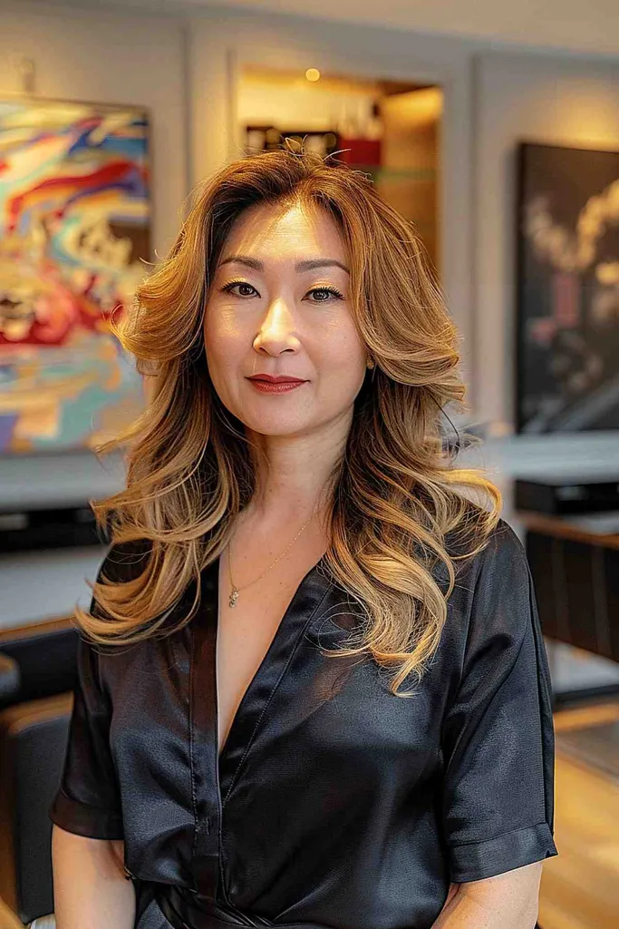 長いレイヤードウェーブとハイライトを持つエレガントな女性' title=