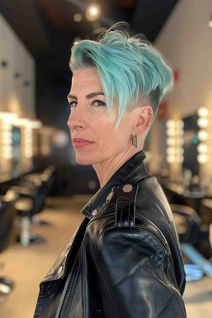 アクアブルーの非対称アンダーカットの髪型の女性' title=