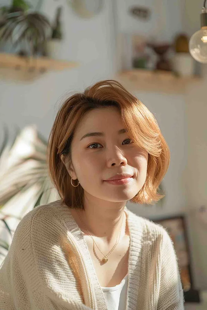 ミディアム ハニー ブロンドのウェーブのかかったボブを持つ若い女性' title=