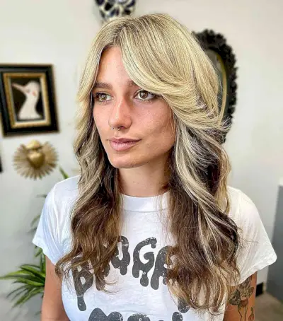 Two-Toned Modern Wavy 1980s Fawcett Hair with Medium Cut