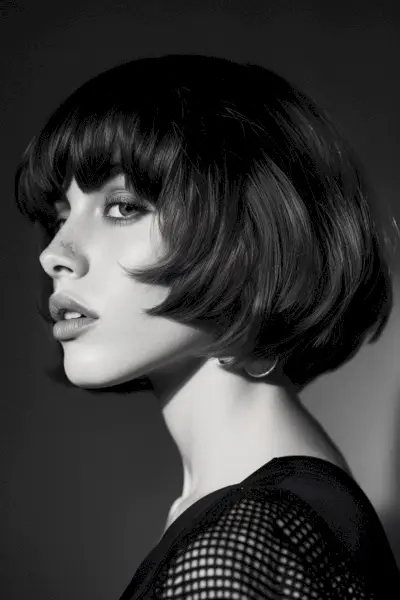 Woman with a classic pageboy haircut and blunt bangs