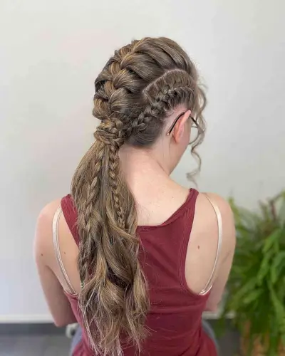 Viking Low Pony with French Braids for Long Brown Hair