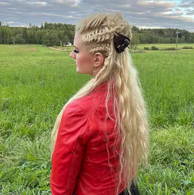 Half Bun with Viking Braids for Very Long Blonde Hair