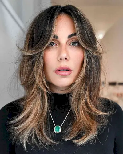 Medium Tousled Brunette Rachel Shag with Blonde Highlights